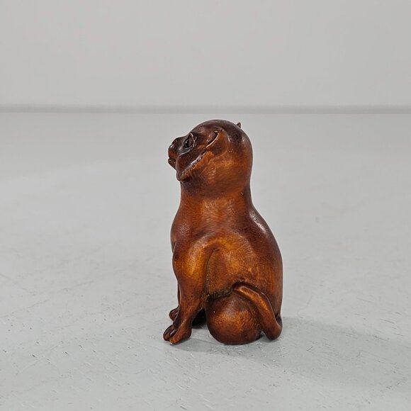 Netsuke Cat Sitting Figurine Japanese Carved Boxwood - Picture 5 of 8